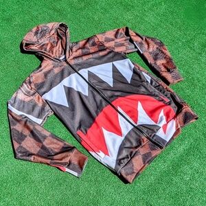Flying Tigers Large Shark Mouth L/S Brown Check Rageon Hoodie Small Jacket NWOT
